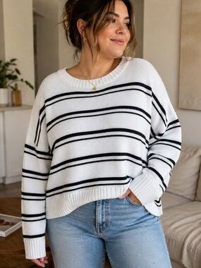 Joie 2X White Black Striped Oversized Knit Pullover Sweater Cotton Blend classic